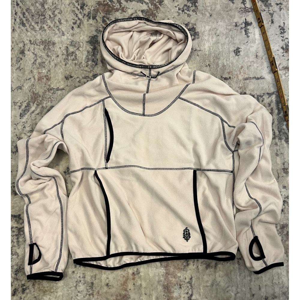 FP Movement Free People Fleece Hoodie Cream Black Trim Thumbholes Womens Medium